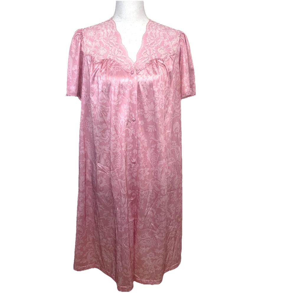 Vanity Fair Button Front  Nightgown Medium  Pink Flutter Sleeve Lace Pockets USA